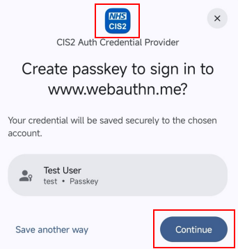CIM register CIS2 Auth passkey Android app create passkey CIS2 Auth logo shown