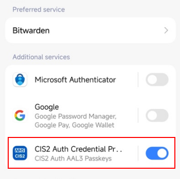 CIM register CIS2 Auth passkey Android enable app in preferred services