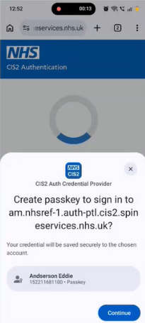 CIM register CIS2 Auth passkey Android example screen