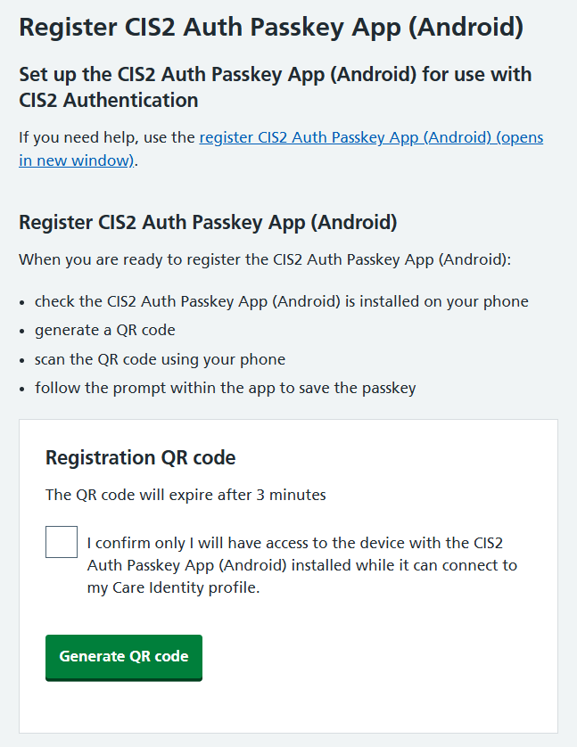 CIM register CIS2 Auth passkey Android instructions and QR code button
