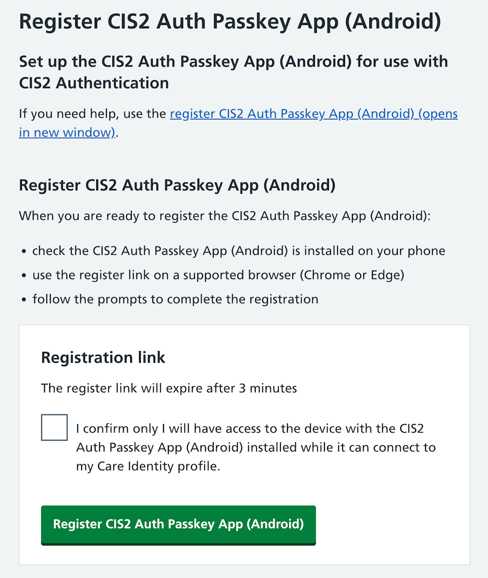 CIM register CIS2 Auth passkey Android instructions and register button
