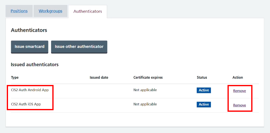 CIM register CIS2 Auth passkey authenticators tab both versions active and remove links highlighted