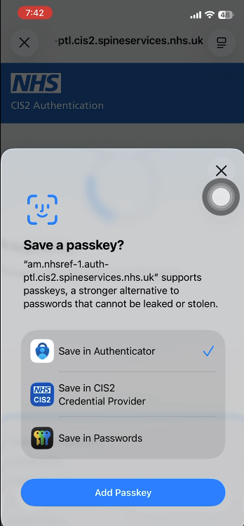 CIM register CIS2 Auth passkey iOS add passkey shown in app