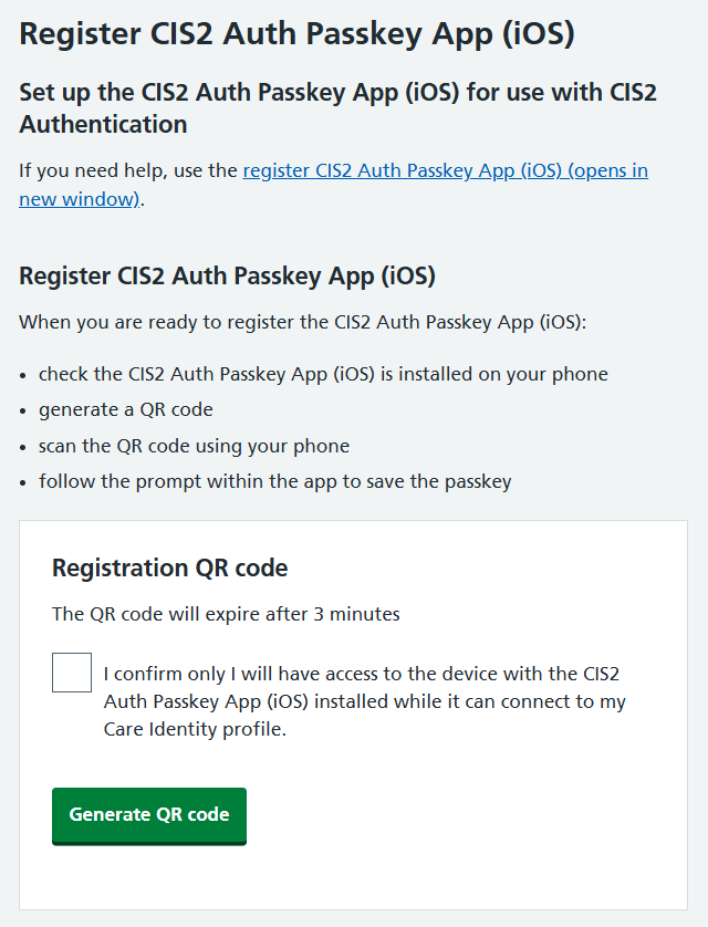 CIM register CIS2 Auth passkey iOS instructions and QR code button