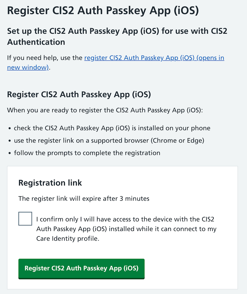 CIM register CIS2 Auth passkey iOS instructions and register button