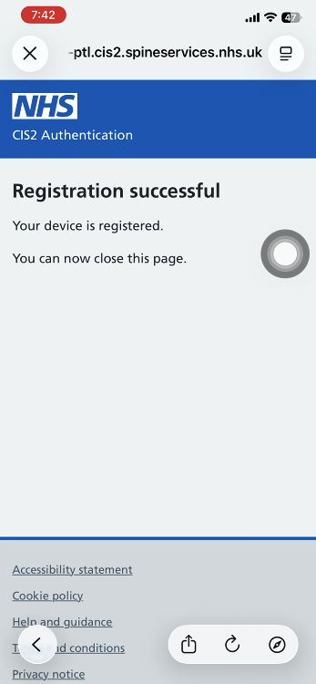 CIM register CIS2 Auth passkey iOS registration successful shown in app