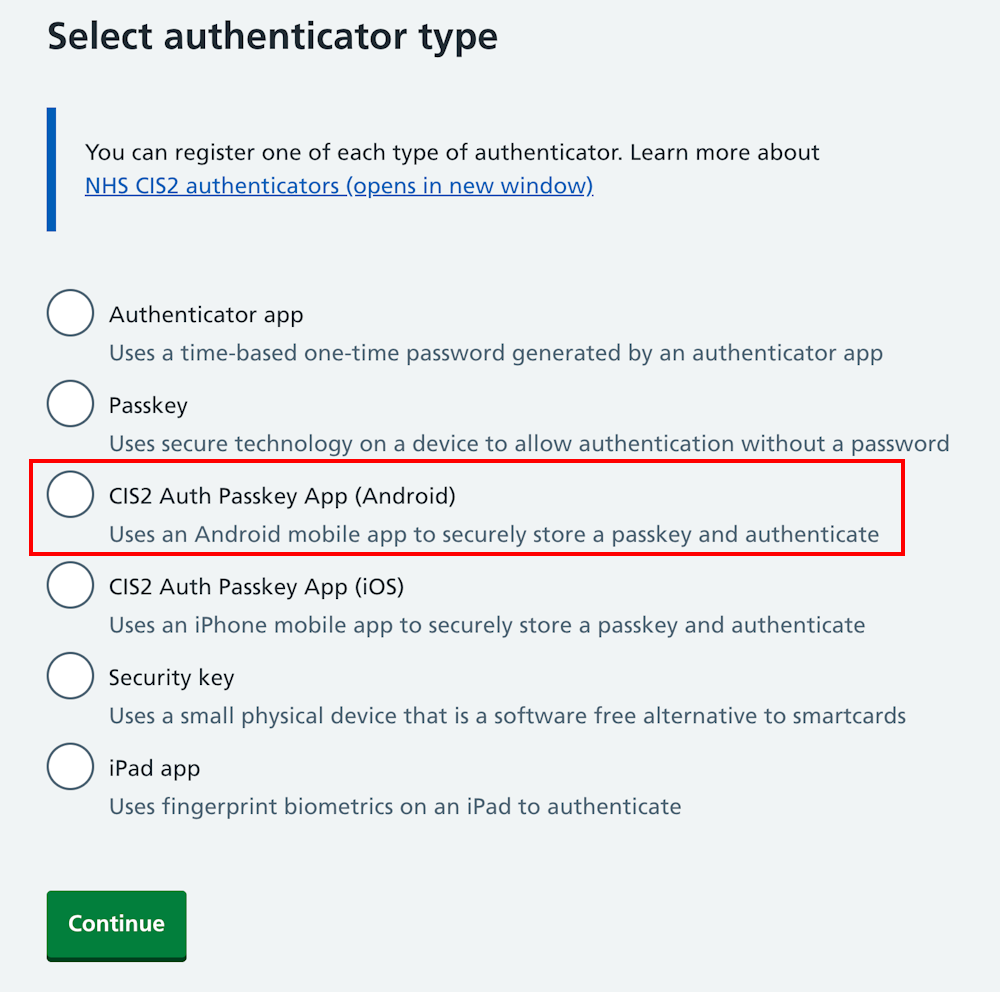 CIM register CIS2 Auth passkey select type Android highlighted