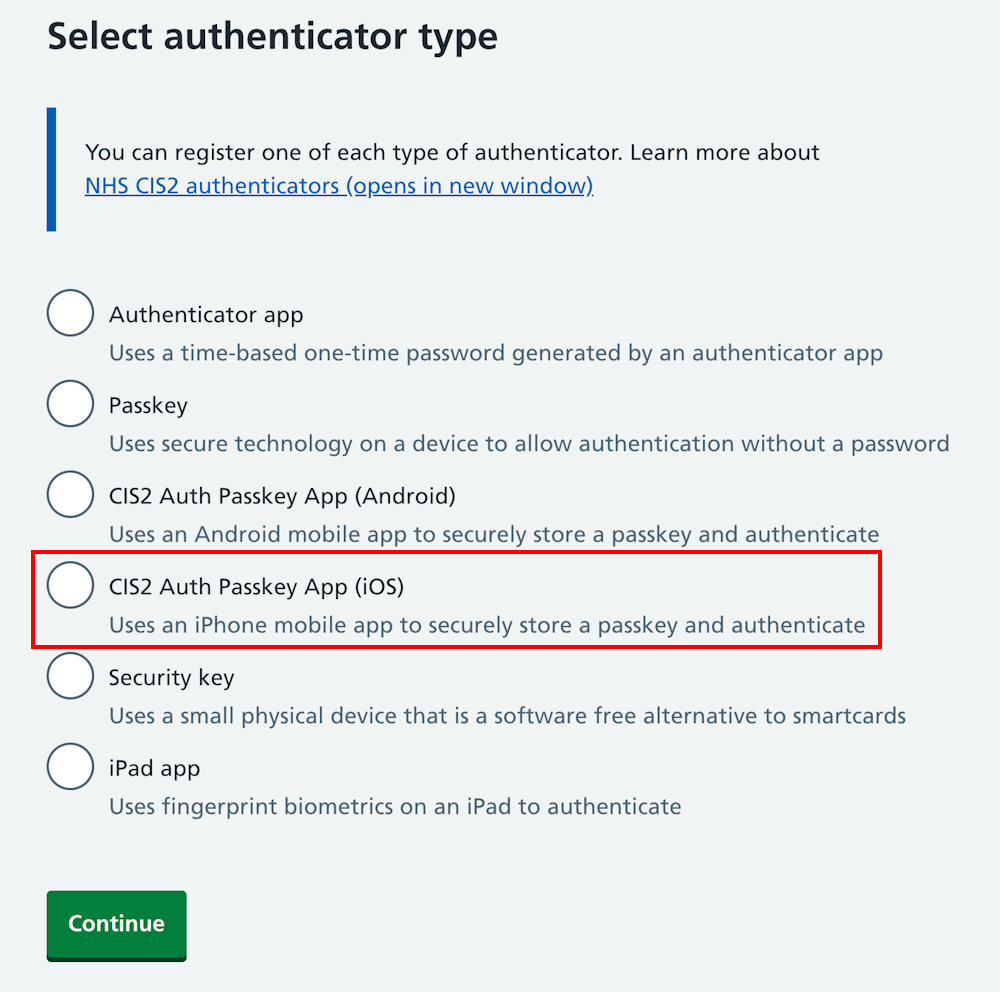 CIM register CIS2 Auth passkey select type iOS highlighted