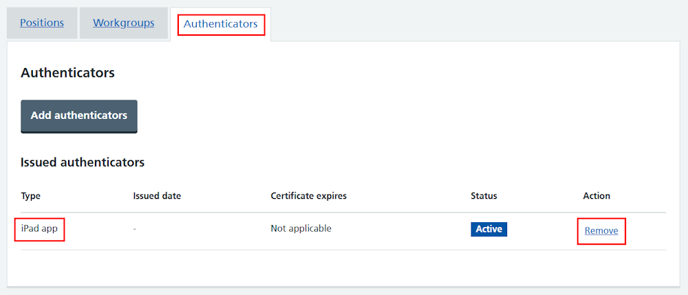 CIM self register authenticator iPad app listed in profile remove link highlighted