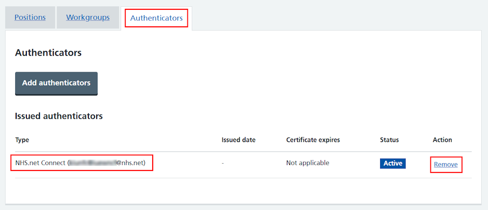 CIM self register authenticator NHS dot net Connect listed in profile remove link highlighted