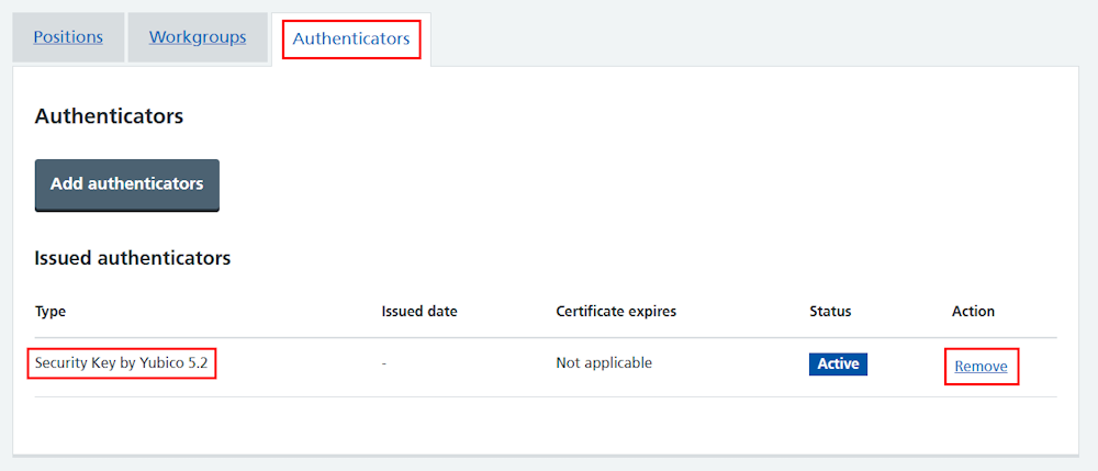 CIM self register authenticator security key listed in profile remove link highlighted