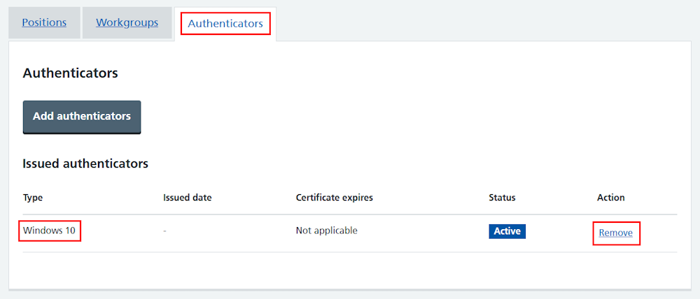 CIM self register authenticator Windows Hello listed in profile remove link highlighted