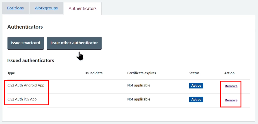 CIM user profile all authenticators CIS2 Auth App (both versions) and remove links highlighted v2