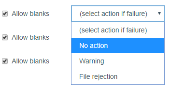 Data Landing Portal sceen with select action if failure’ dropdown displayed