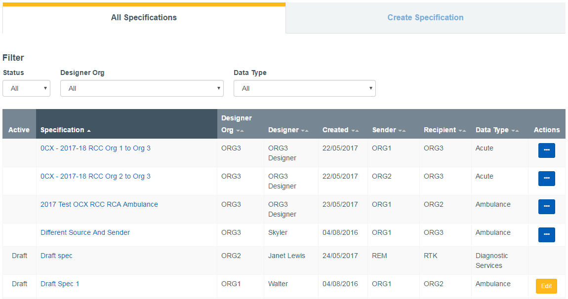 data landing portal data specifications screen