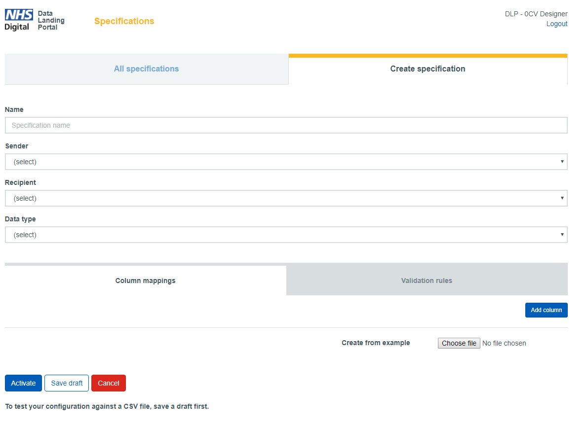 data landing portal data specification screen showing required fields