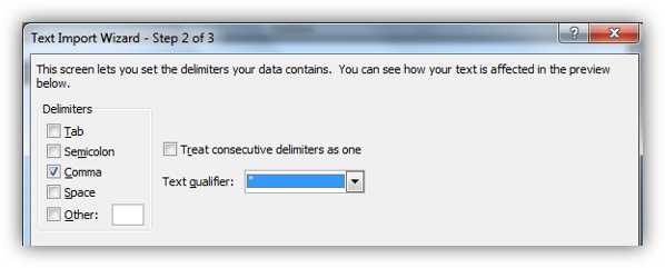 Screenshot showing Text qualifier drop down.