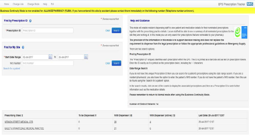 screen shot of  eps business continuity mode