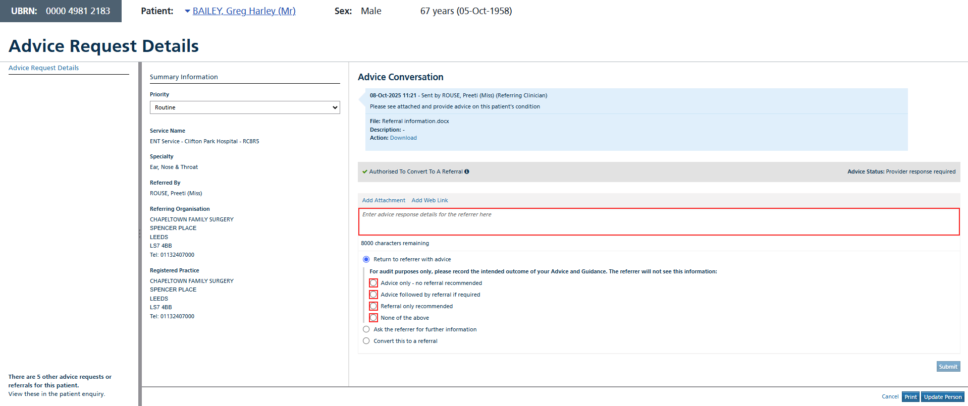 Image of provider advice conversation with the option showing when responding with advice