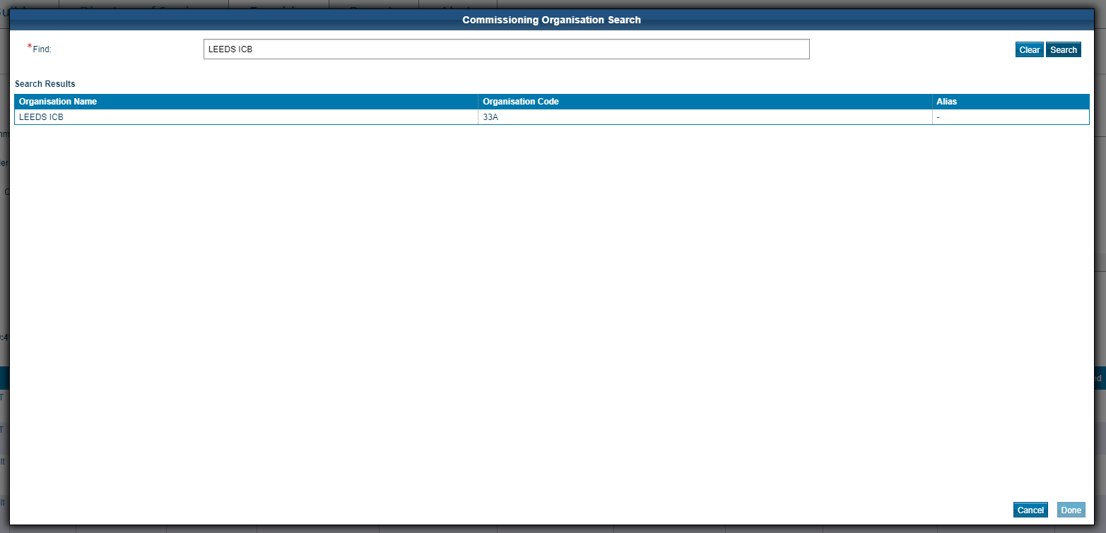 Image displays the commissioning organisation search