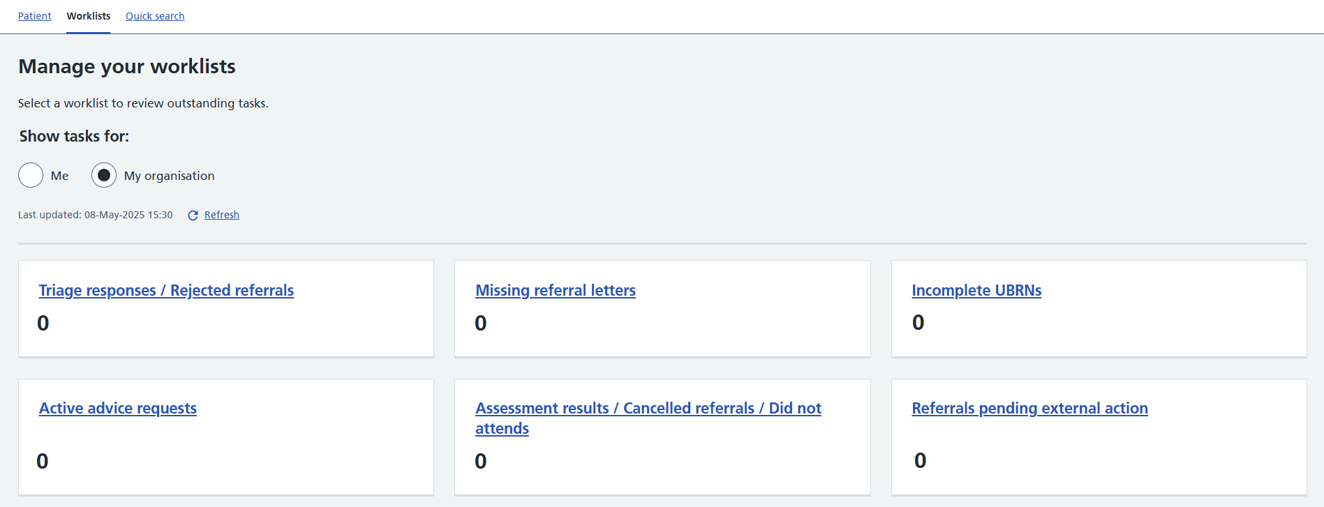 Image of referrer worklist with reduced or no referrals