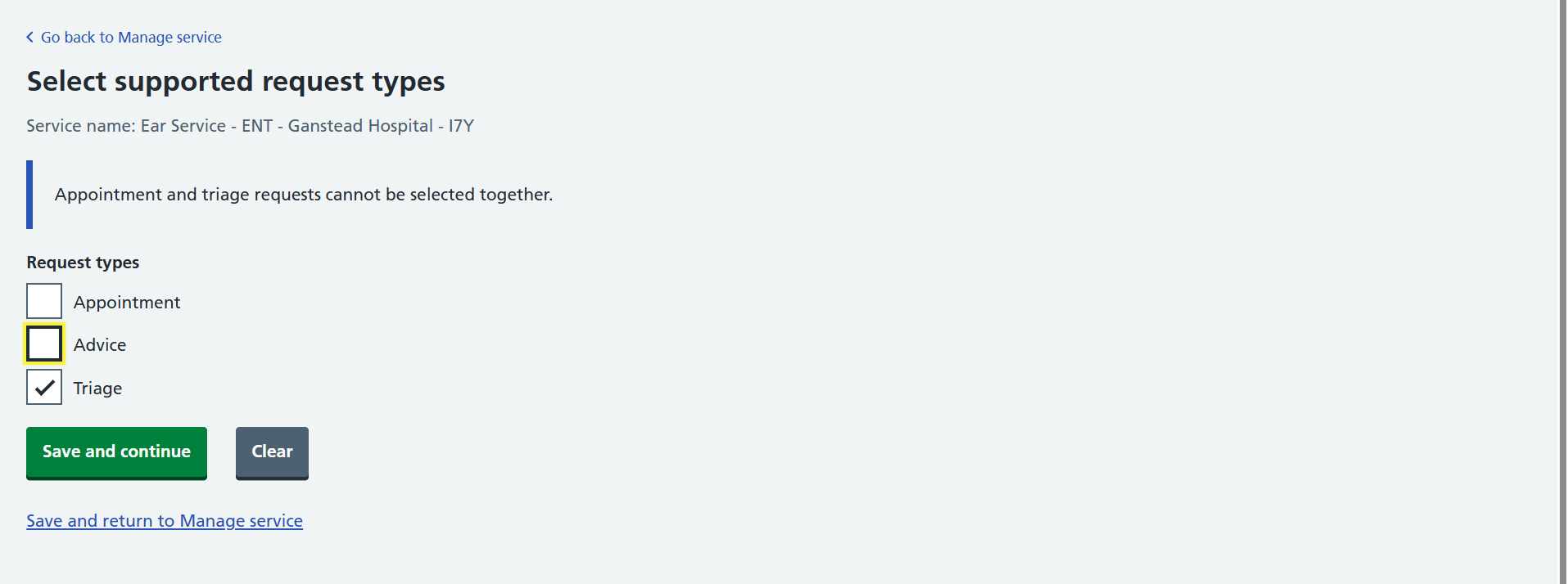 Image of service setup triage ticked