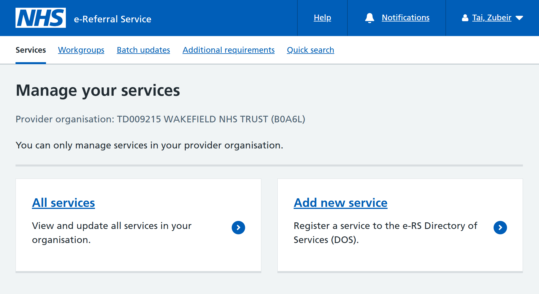 Manage you services screen