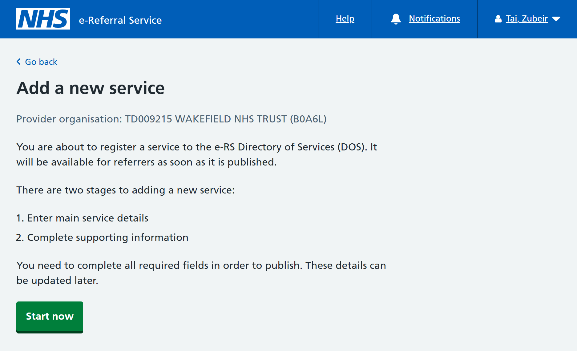 Add a new service screen