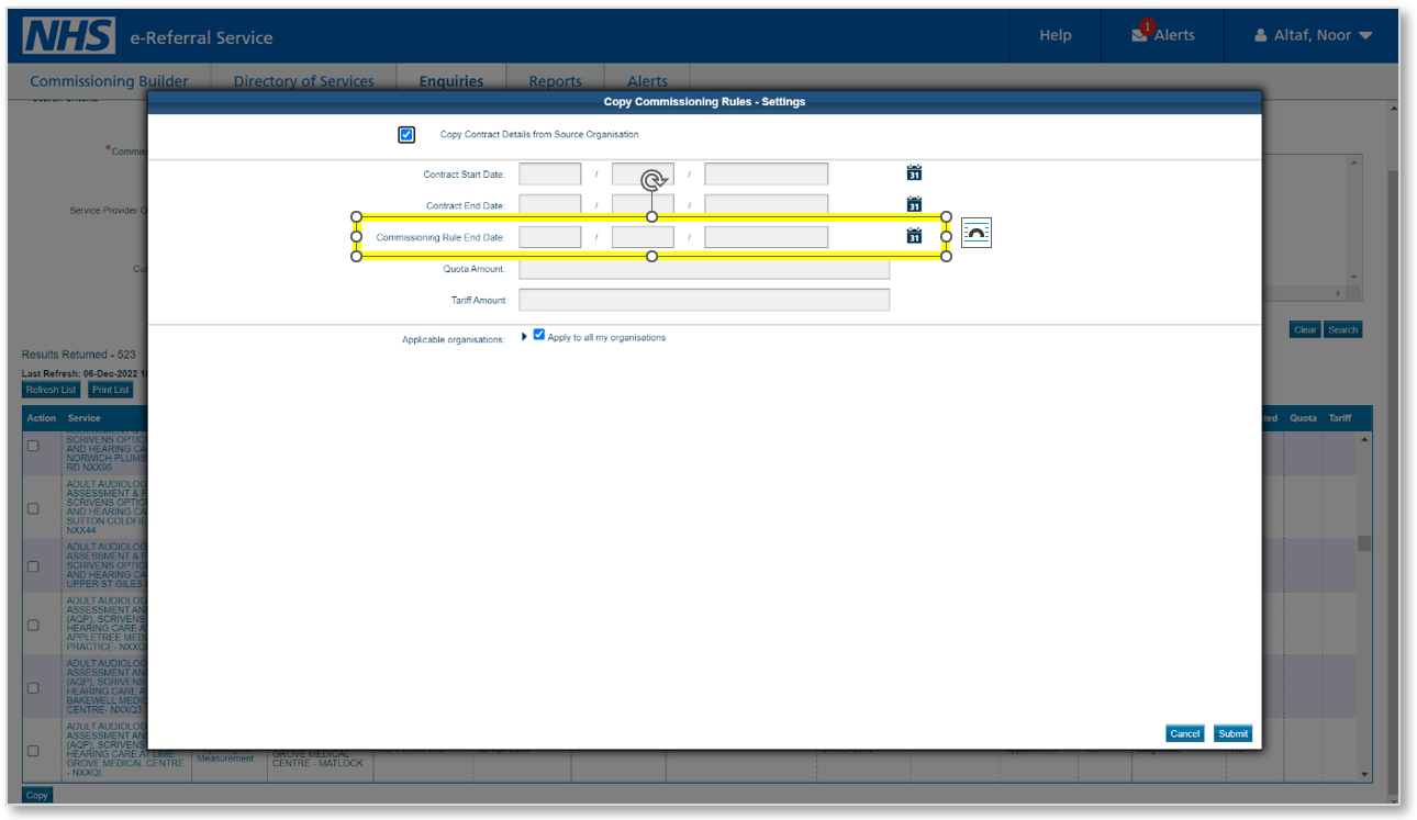 e-Referral Service, copy commissioning rule pop up screen - 'commissioning rule end date' field highlighted