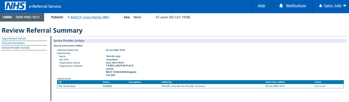 Image of a file attached to a referral when viewing service provider activity as a provider