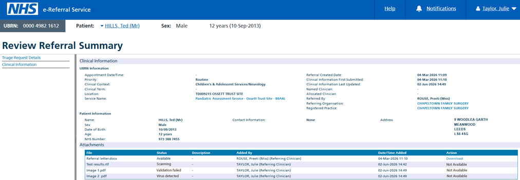 Image of files attached to a referral viewing clinical information as a provider