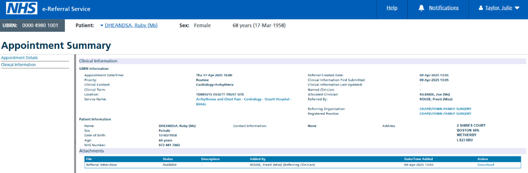 Image of the providers appointment summary screen where a file has been attached 