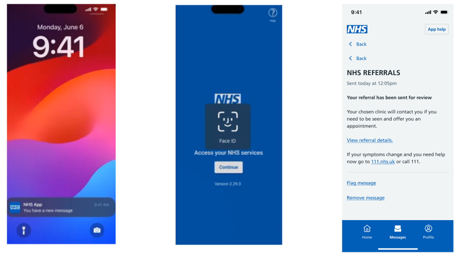Image displays NHS App screens for a referral under review