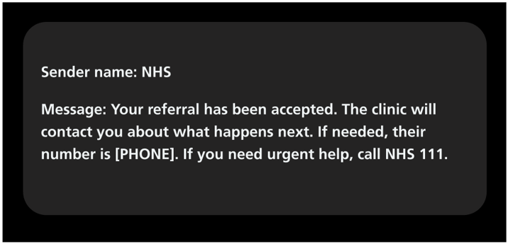 Image displays SMS for an accepted referral