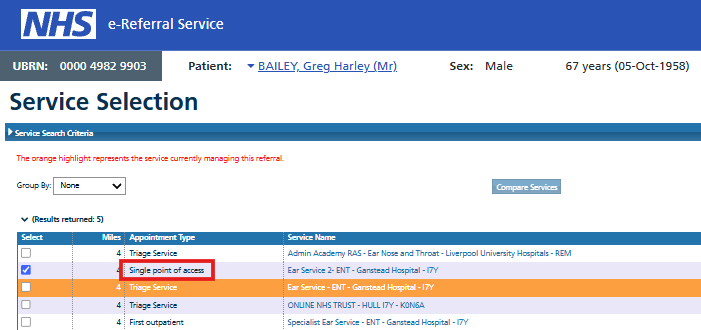 Image shows 'Single point of access' label in the appointment type column on provider's onward referring screen