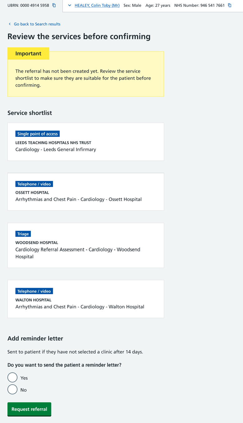 Image shows a confirmation screen for a referral that has been sent to a SPoA service.