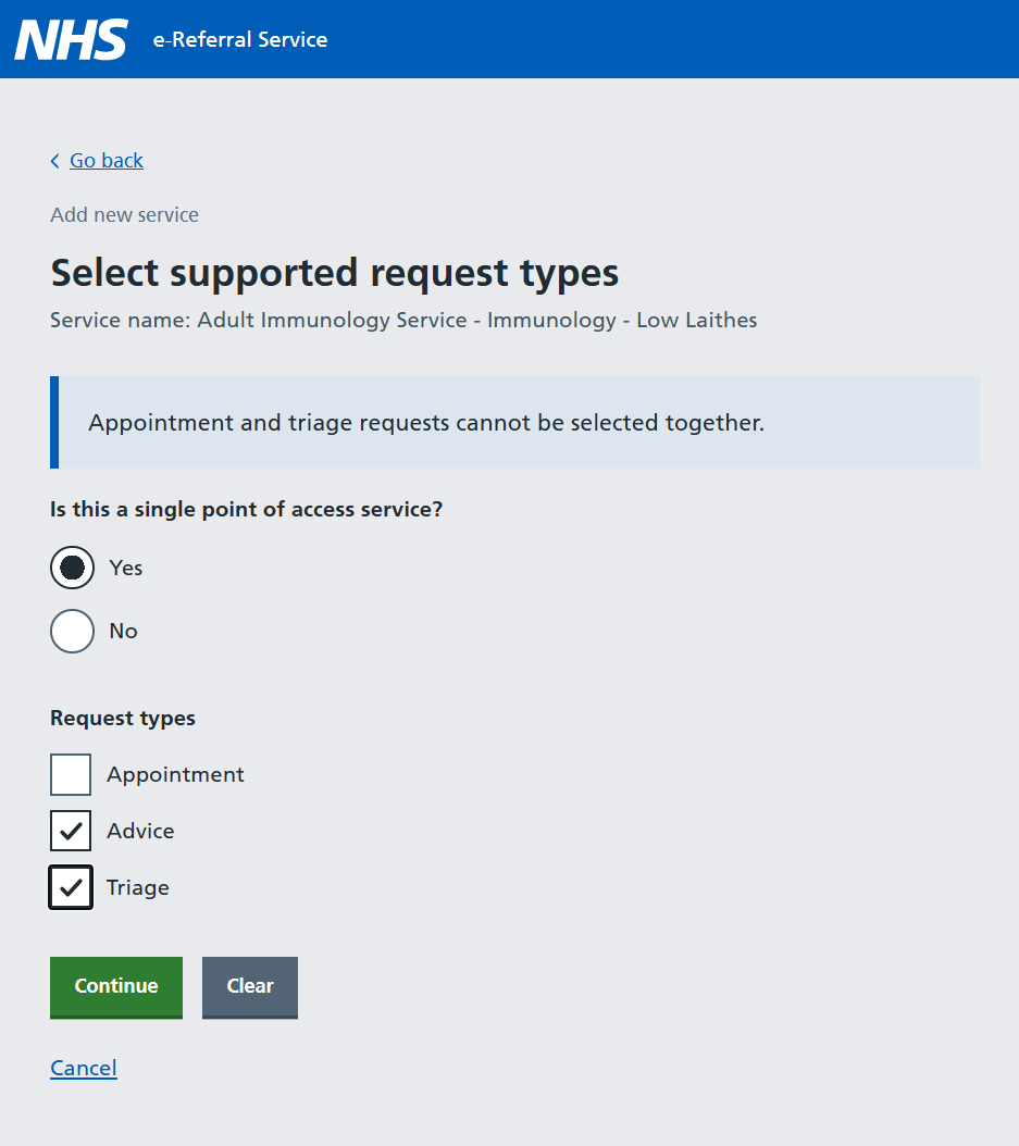 Image shows SPoA setting on 'Select supported request types' screen