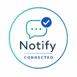 NHS Notify Connected Partner logo. Text says 'Notify, connected' with a speech bubble and a tick inside a blue and green circle.