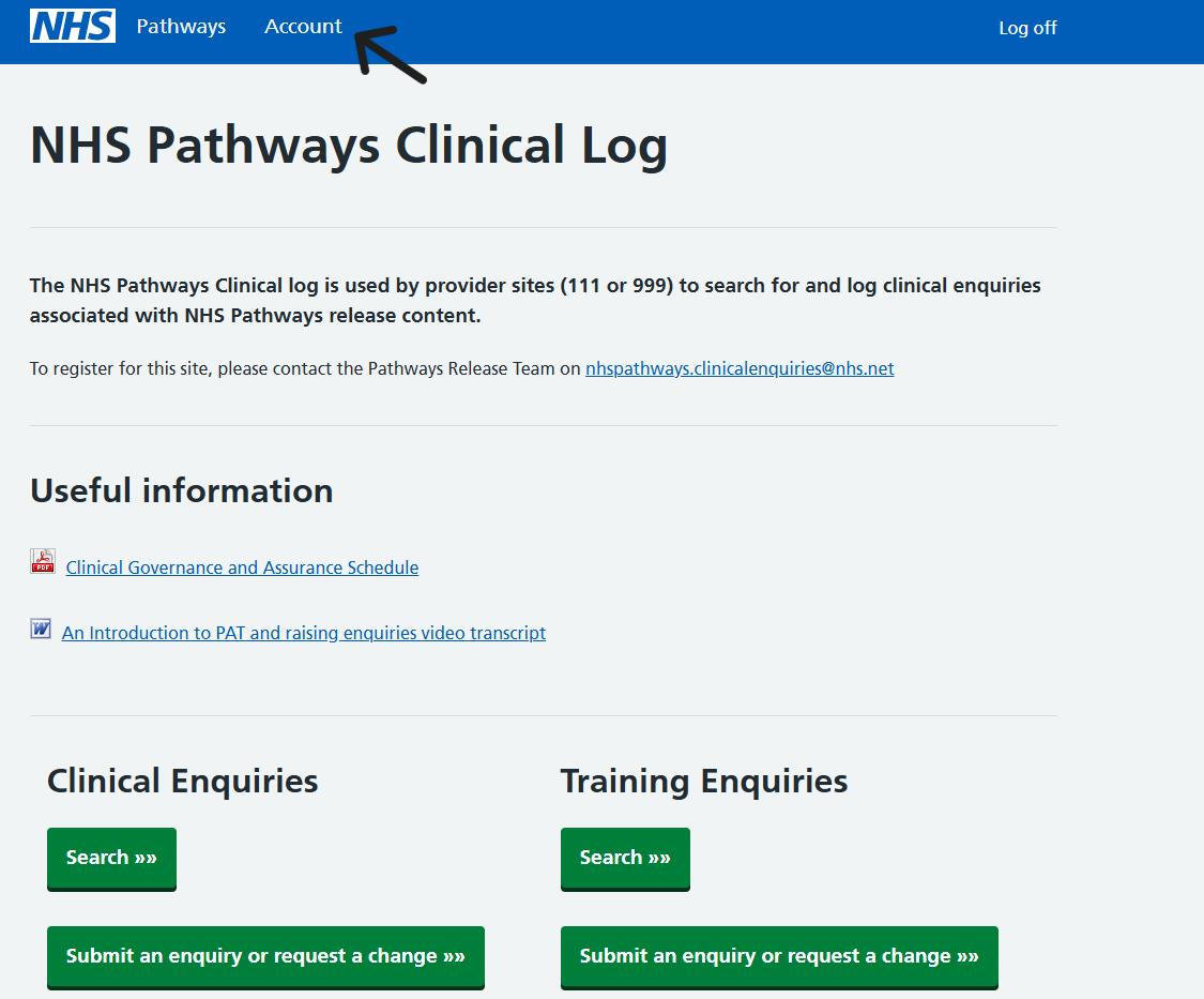 NHS Pathways clinical log screen with account login highlighted in top left hand page