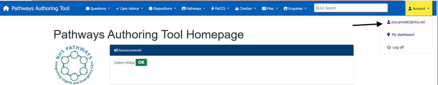 Pathways authoring tool homepage with account login highlighted in top right hand screen
