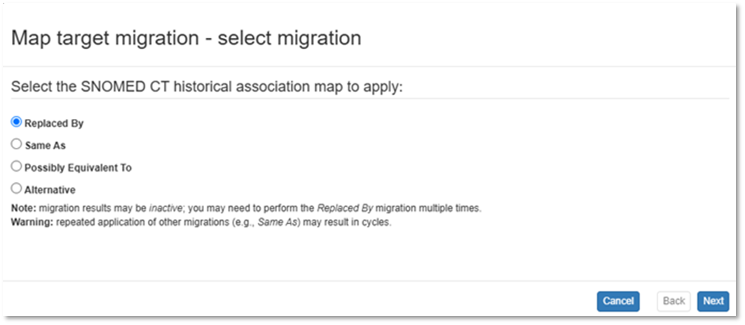 SNOMED CT's historical reference set mechanism, showing migration options of 'replaced by', 'same as', 'possibly equivalent to' and 'alternative'
