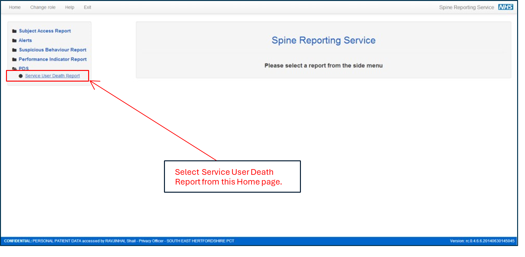 Select Service User Death Report from this Home page.