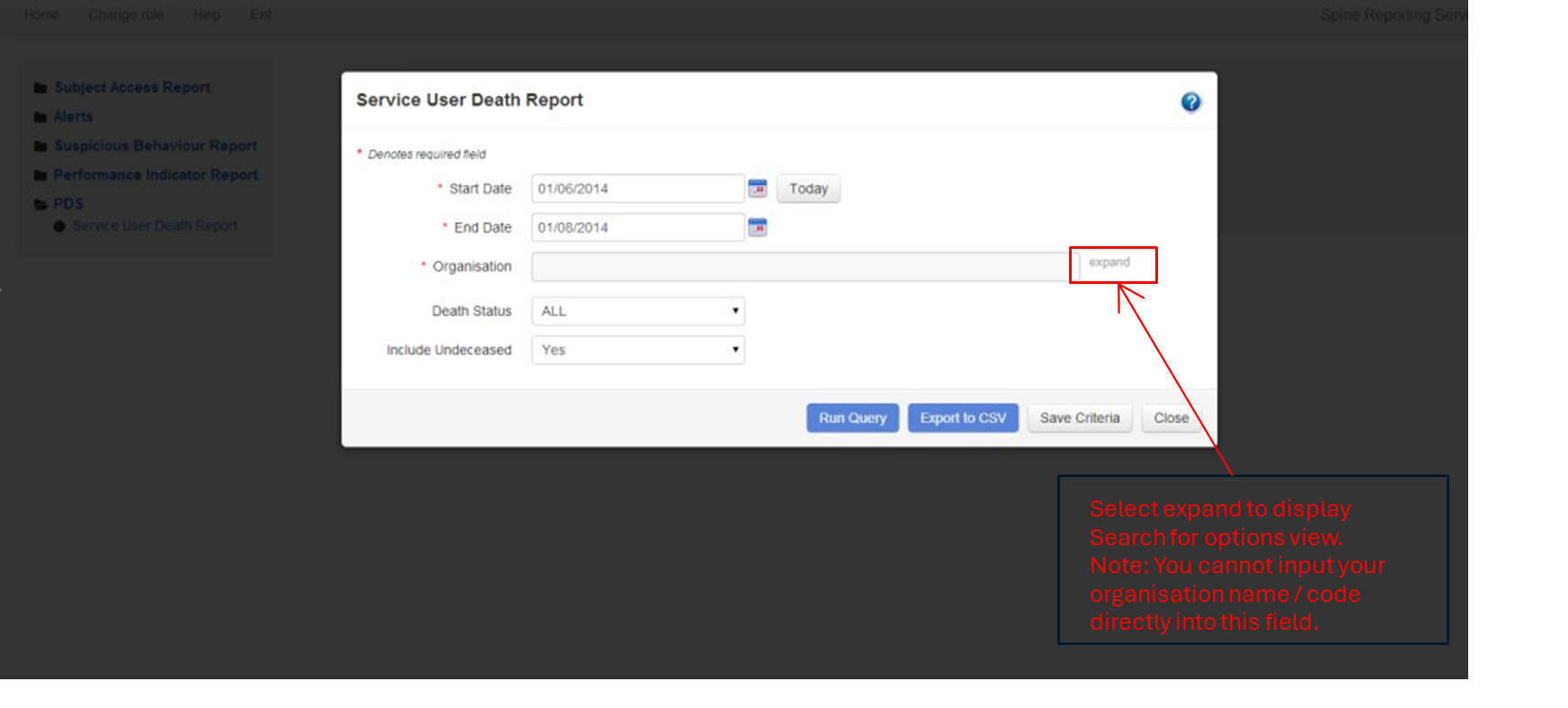 Select expand to display Search for options view.