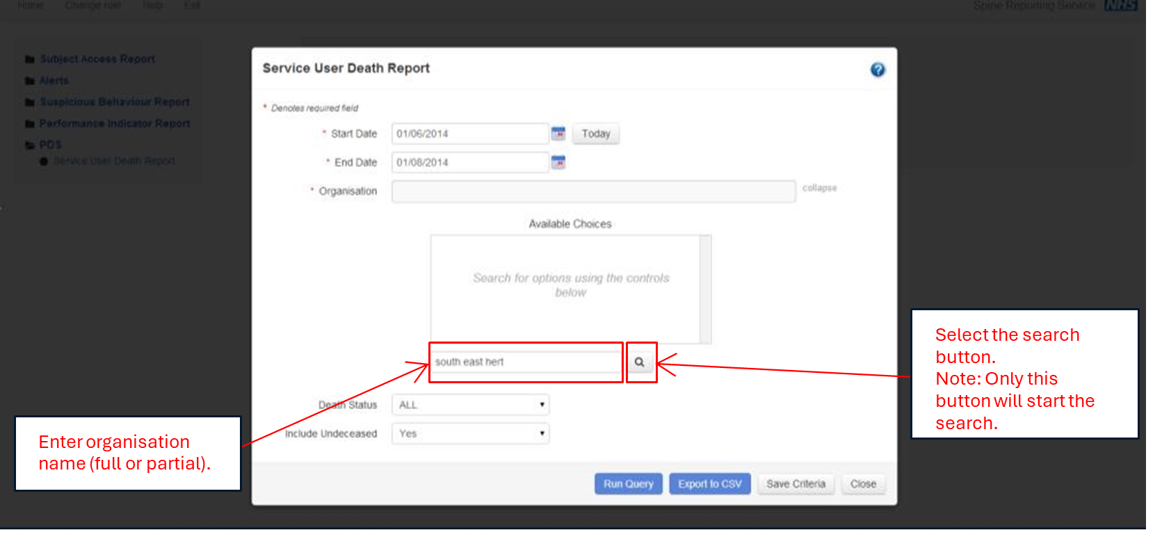 Enter organisation name (full or partial).