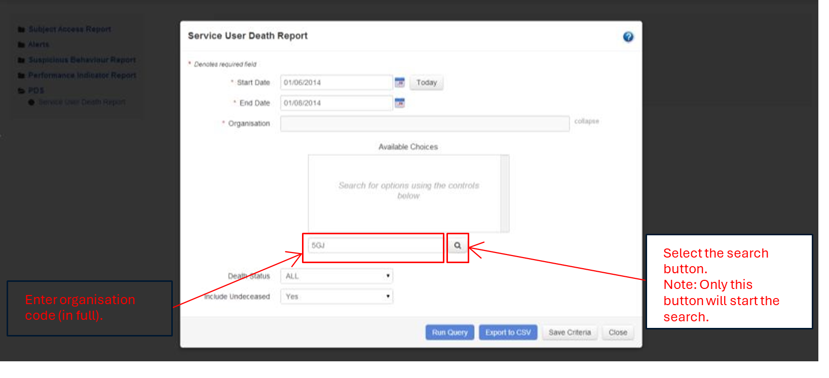 Enter organisation code in full