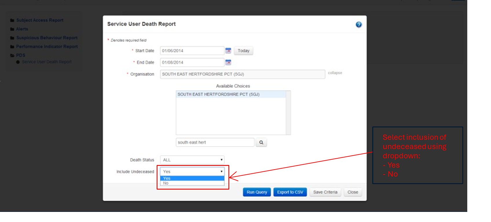 Select inclusion of undeceased using the dropdown