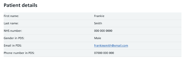 The application service email showing the patient details that have been submitted.