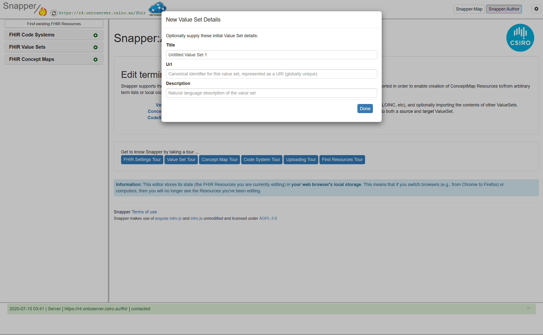 Snapper author screen with FIHR value set image