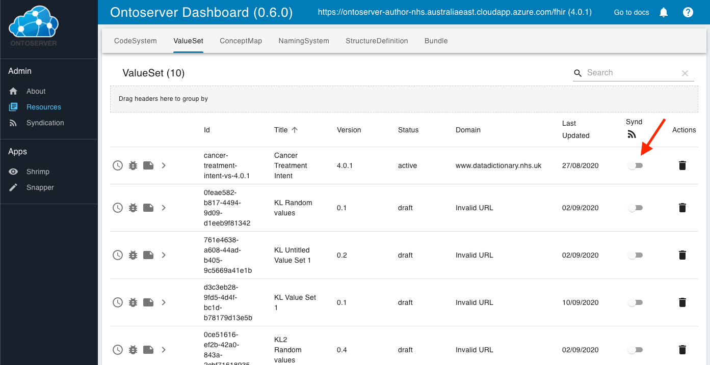 Ontoserve dashboard value set screen with synd toggle highlighted.