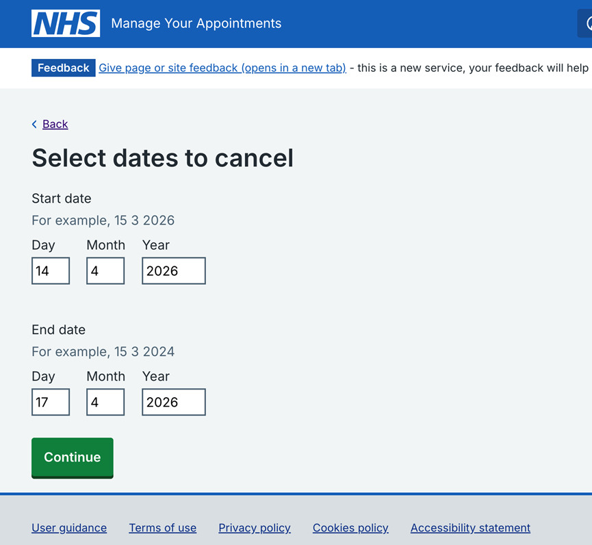 Screenshot of National Booking Service showing how to select dates to cancel.
